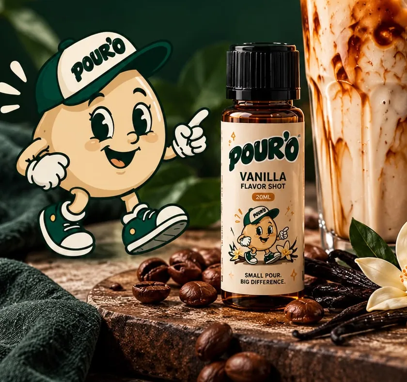 POUR'O maskotu ile Hazelnut, Vanilla ve Pumpkin Spice Flavor Shot şişeleri