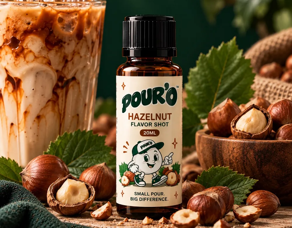 POUR'O Hazelnut Flavor Shot, fındıklar ve buzlu latte