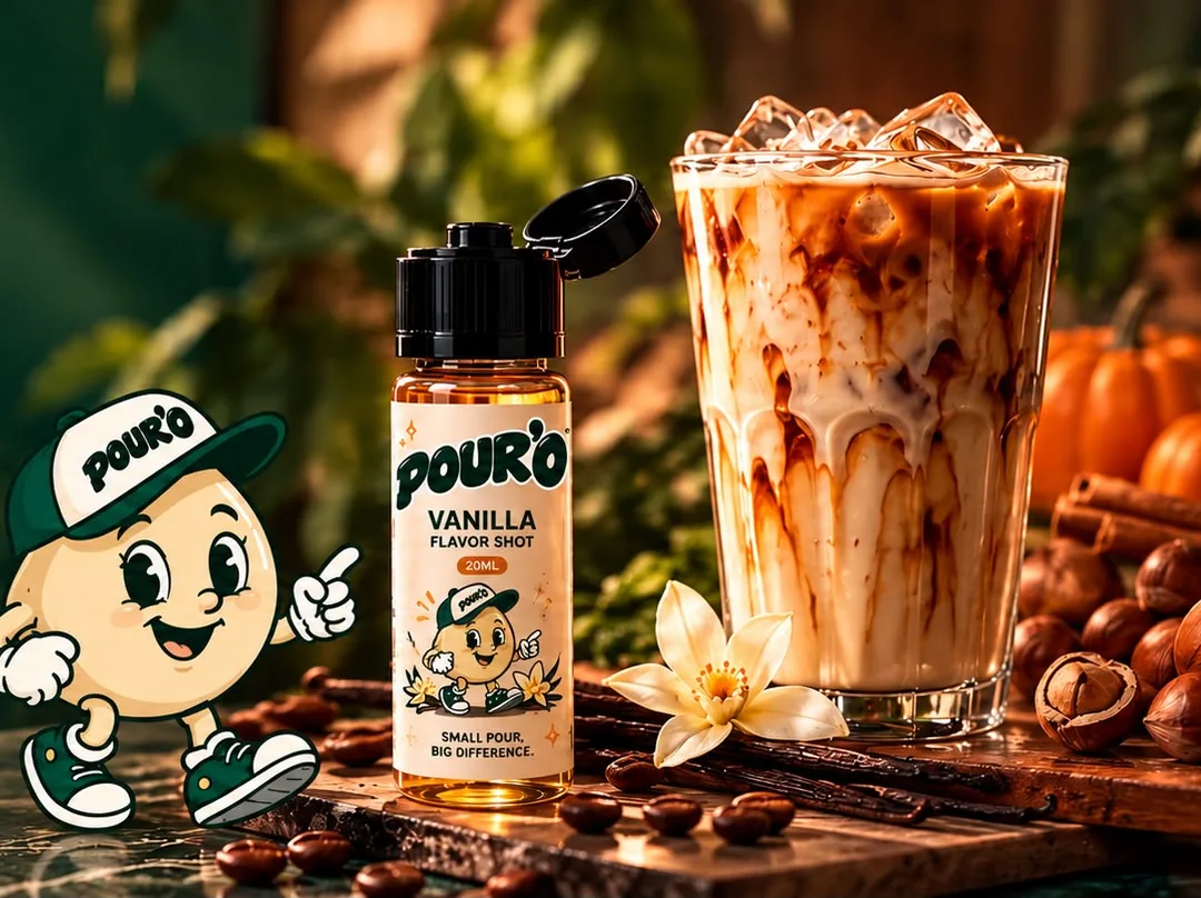 Parmağıyla işaret eden POUR'O maskotu, POUR'O Vanilla Flavor Shot ve buzlu latte