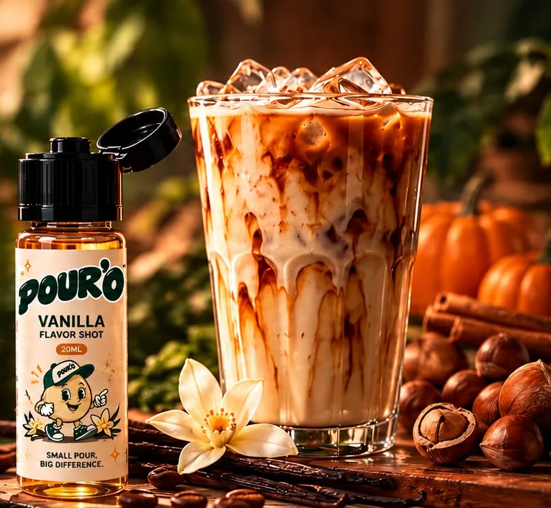 POUR'O Vanilla Flavor Shot, vanilya çiçeği ve buzlu latte