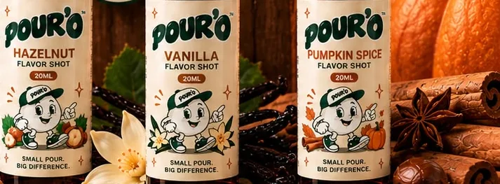 POUR'O Hazelnut, Vanilla ve Pumpkin Spice Flavor Shot şişeleri
