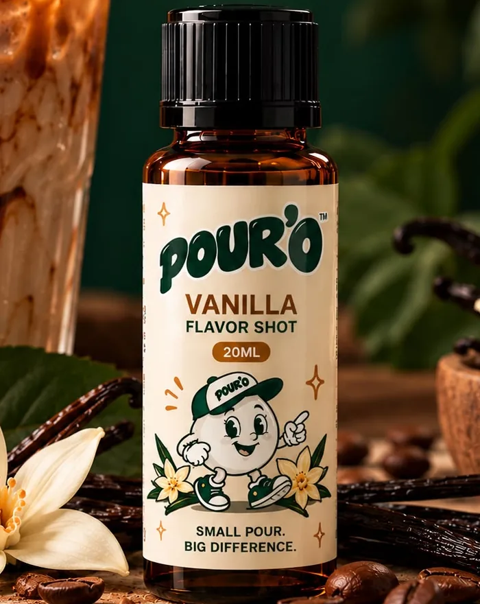 POUR'O Vanilla Flavor Shot, vanilya çiçeği ve buzlu latte